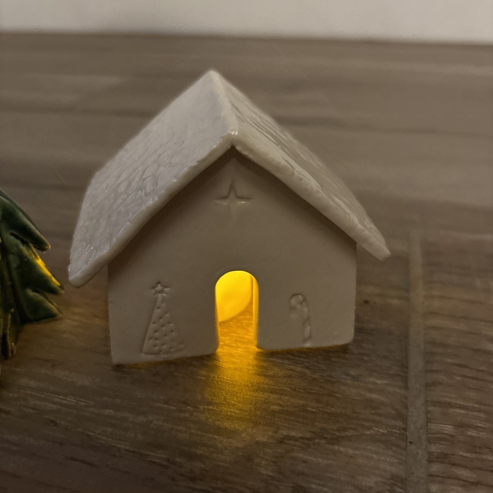 Handmade Mini Ceramic Lighted House 3" w/ 2 Trees & Snowman- Made In USA - Picture 3 of 11